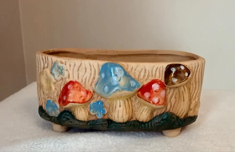Five ceramic mushroom planters hand-painted rustic textured base with drainage